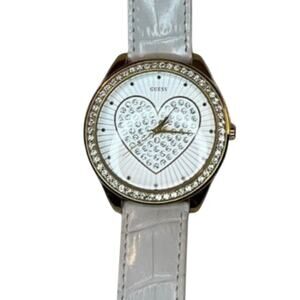 GUESS White Leather Heart Dial Crystal Watch Quartz